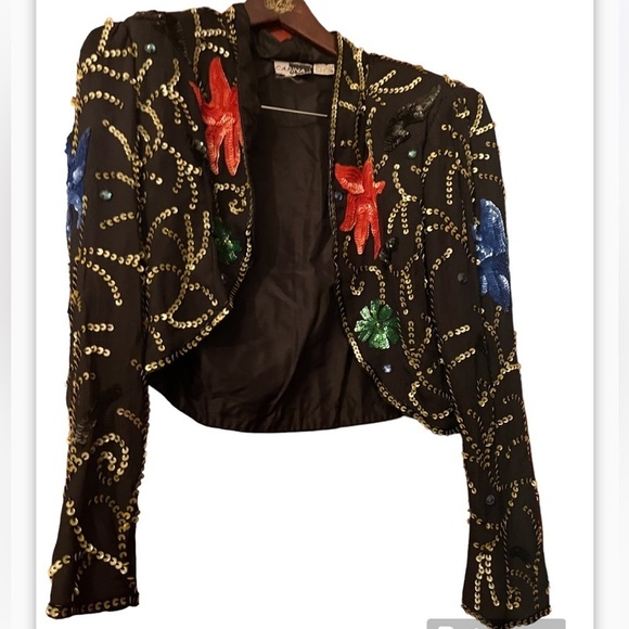 Vtg CARINA Open Front 100% Silk Sz M Crop Sequins Jacket - Picture 1 of 6